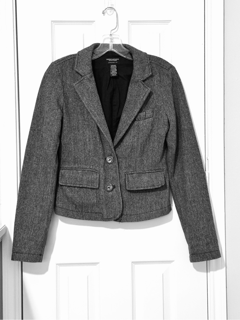 Vintage American Eagle Y2K Academia Gray Cropped Wool Tweed Blazer Sz XS